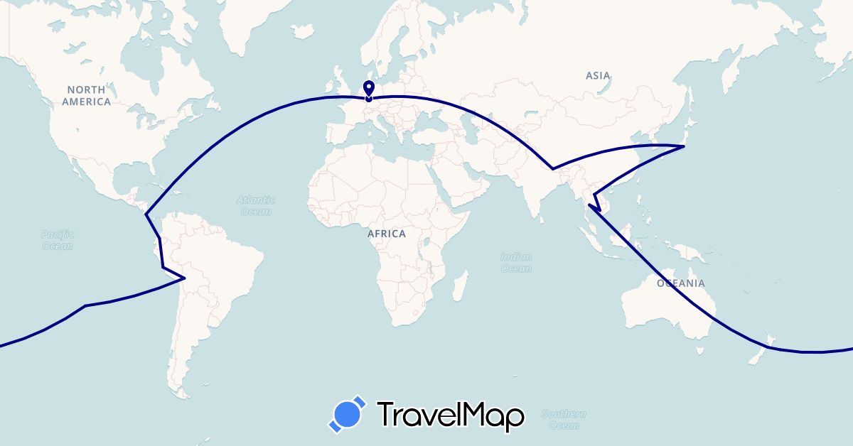 TravelMap itinerary: driving in Bolivia, Chile, Costa Rica, Germany, Ecuador, Japan, Cambodia, Laos, Nepal, New Zealand, Peru, Thailand (Asia, Europe, North America, Oceania, South America)